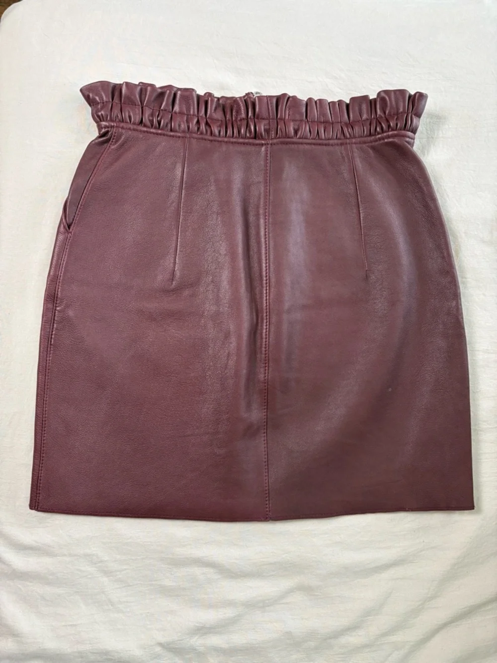Maje Jet Leather Burgundy Paperbag Mini Skirt w/ Front Zipper and Drawstring